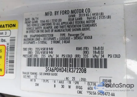 2014 Ford Fusion Se из США, поврежденный, VIN 3FA6P0HD4ER372208